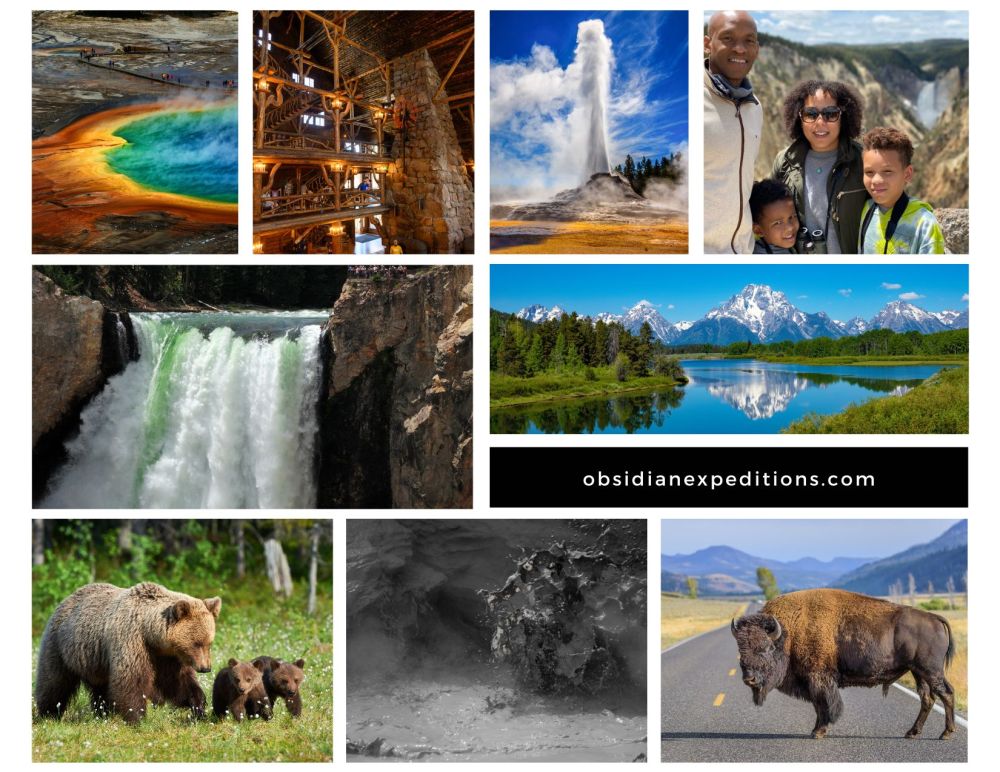 Collage of Yellowstone: geysers, bears, waterfall, family, bison, mountains, lodge, and nature views.