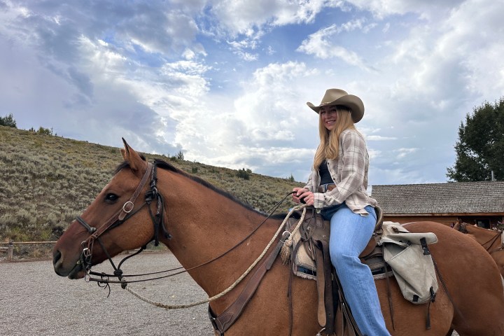 Person wearing cowboy hat riding a brown horse outdoors under a cloudy sky.