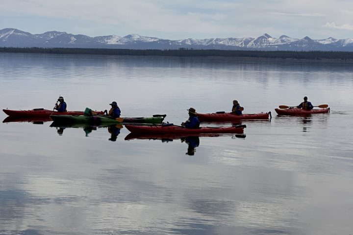 a group of people rowing a boat in a body of water