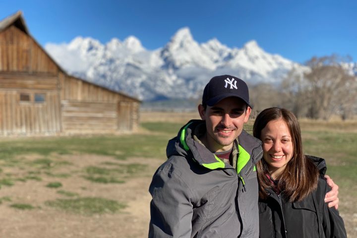 Couple at Moulton Barn in front of Tetons