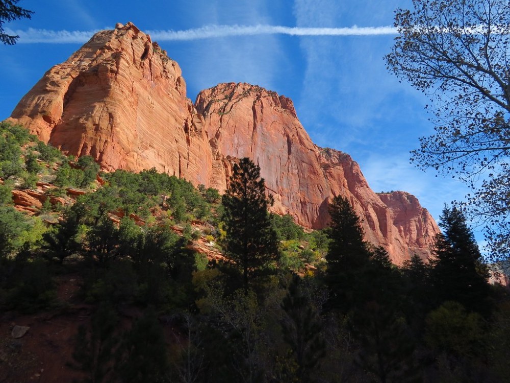 Red sandstone cliffs with trees below and a blue sky above