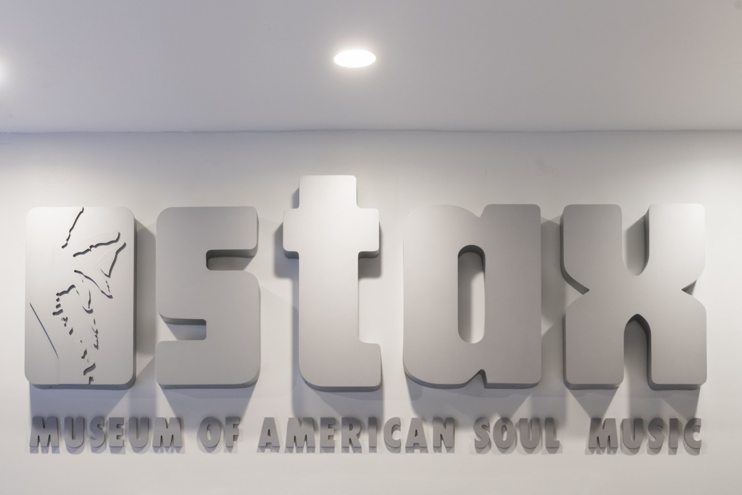 Stax Museum of American Soul Music sign with spotlighting.