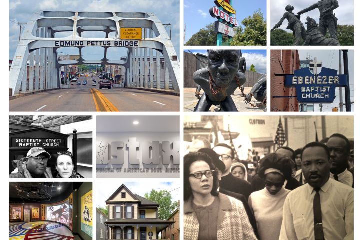 Collage of civil rights landmarks and figures, including Edmund Pettus Bridge and historic churches.